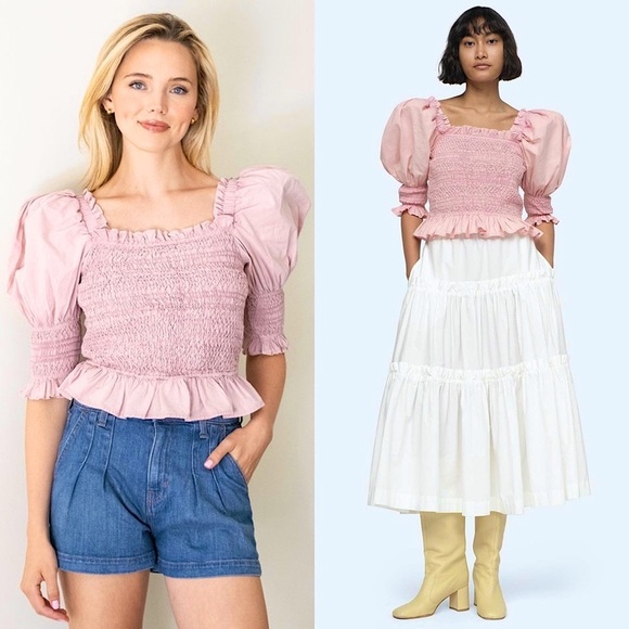 SEA NEW YORK Rose Pink Square Neck Puff Short Sleeve Smocked Ruffle Trim Top M - Picture 1 of 12